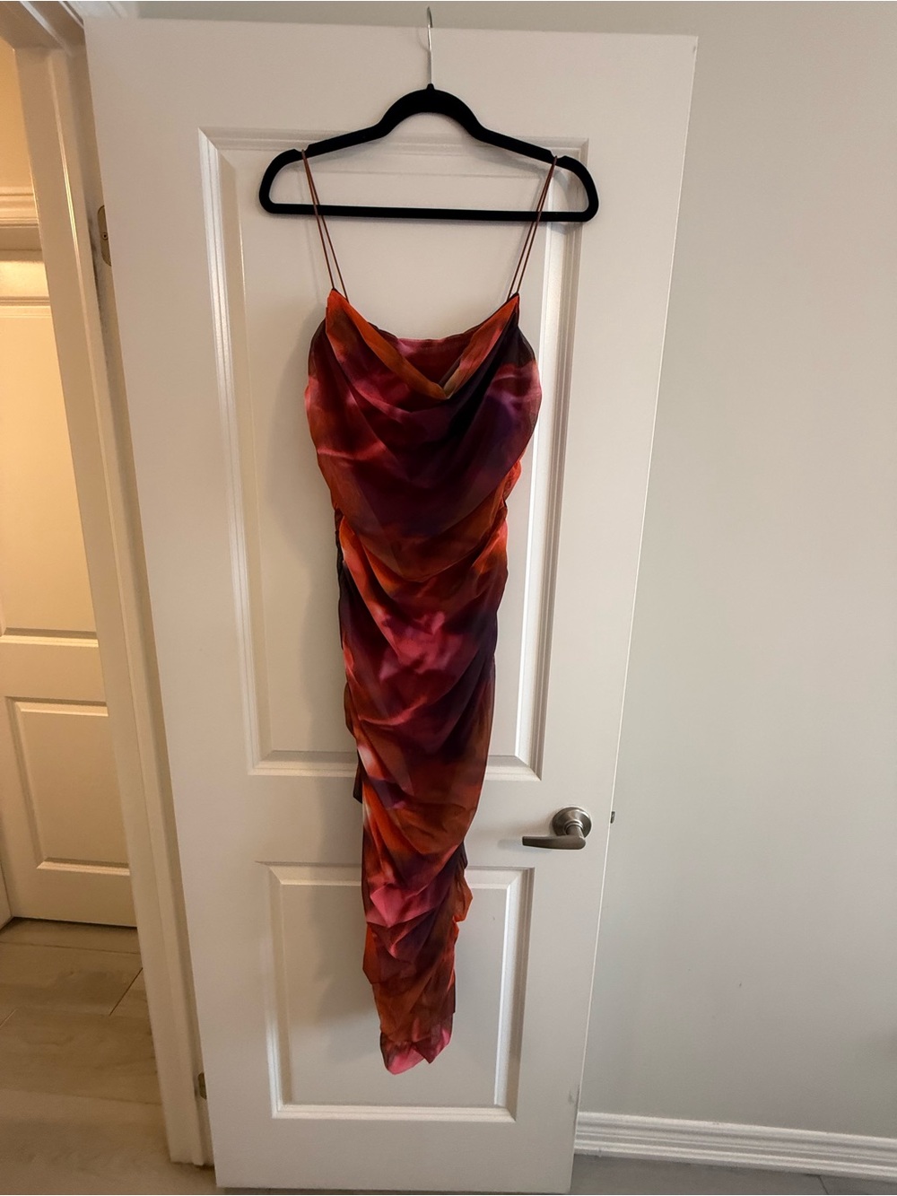 Fashion Nova Ruched Midi Dress in Red-Orange Print - Picture 2 of 5